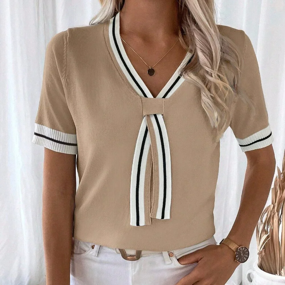 Khaki Casual Women's Contrast Color Striped Short Sleeve Knit Top